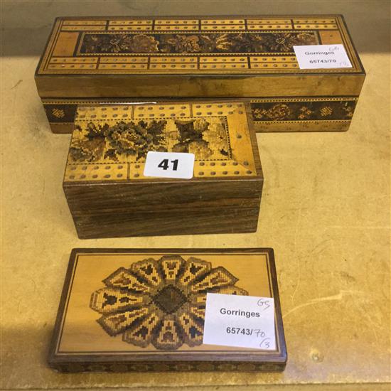 2 Tunbridge Ware rosewood cribbage boxes & a rectangular paperweight